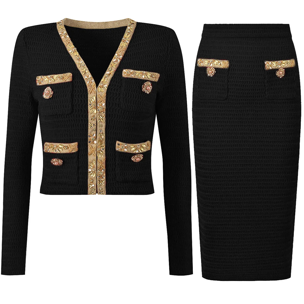 Beaded Knit Cardigan & Pencil Skirt Set | Luxury Gold Trim