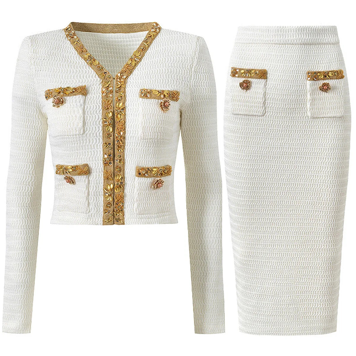Beaded Knit Cardigan & Pencil Skirt Set | Luxury Gold Trim