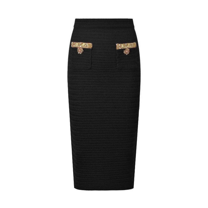 Beaded Knit Cardigan & Pencil Skirt Set | Luxury Gold Trim